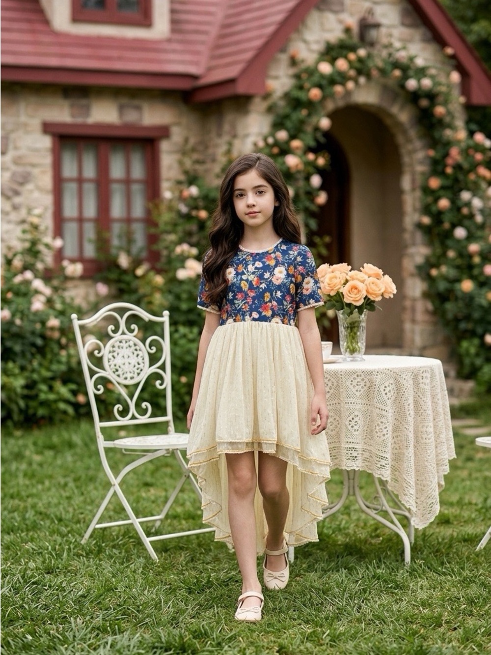 Love + Grow Floral Navy & Cream High-Low Girls Dress Size 10Y EUC